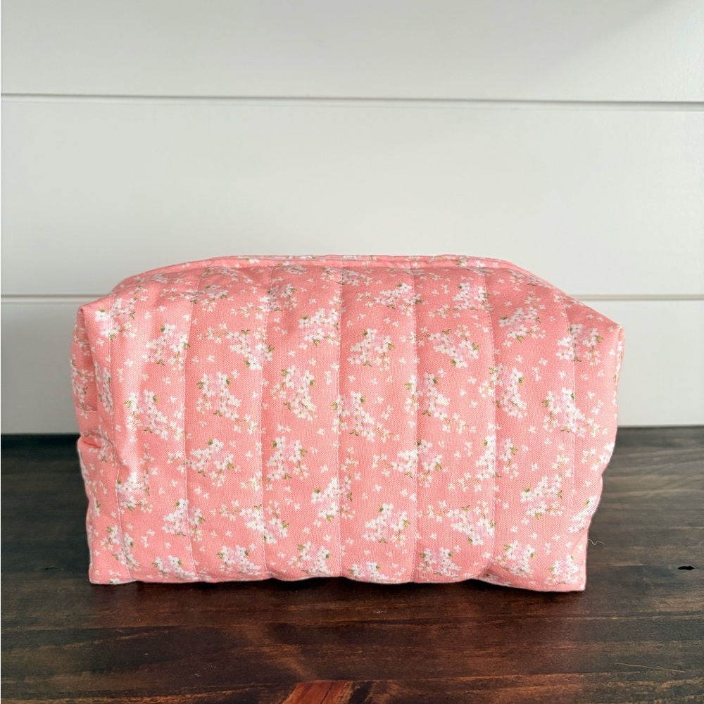 Handmade Flower Print Cosmetic Make Up Bag Pink/White Sz OS